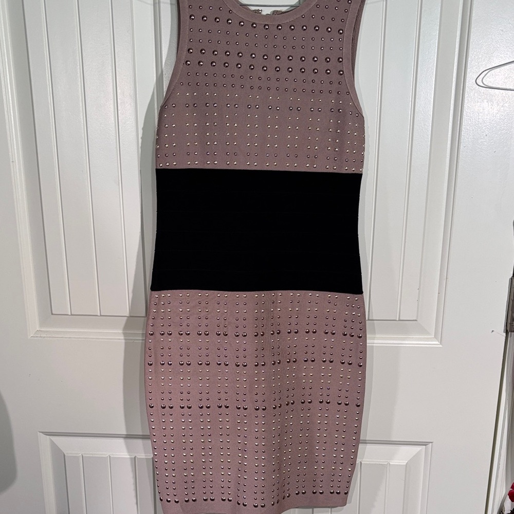 bebe Tan and Black Studded Mini Dress